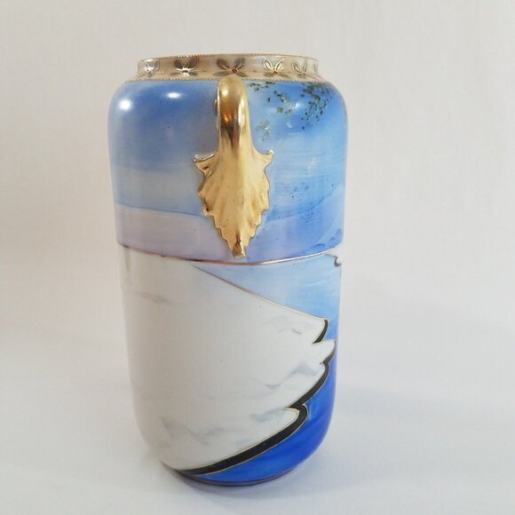 Antique Nippon 8.75" Vase Hand Painted Winter Scene Blue White Gold Tone Handles - Picture 5 of 16